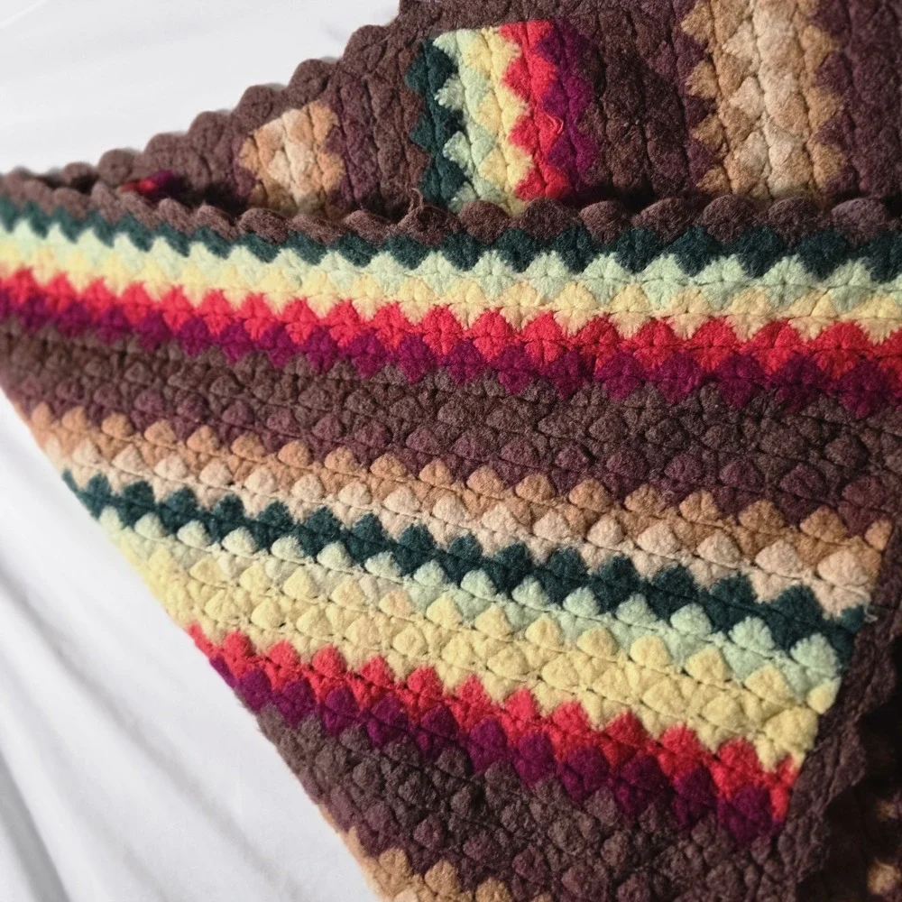 Vintage MCM Handmade Afghan Blanket Throw Crochet Multi Color 48x34 70's‎